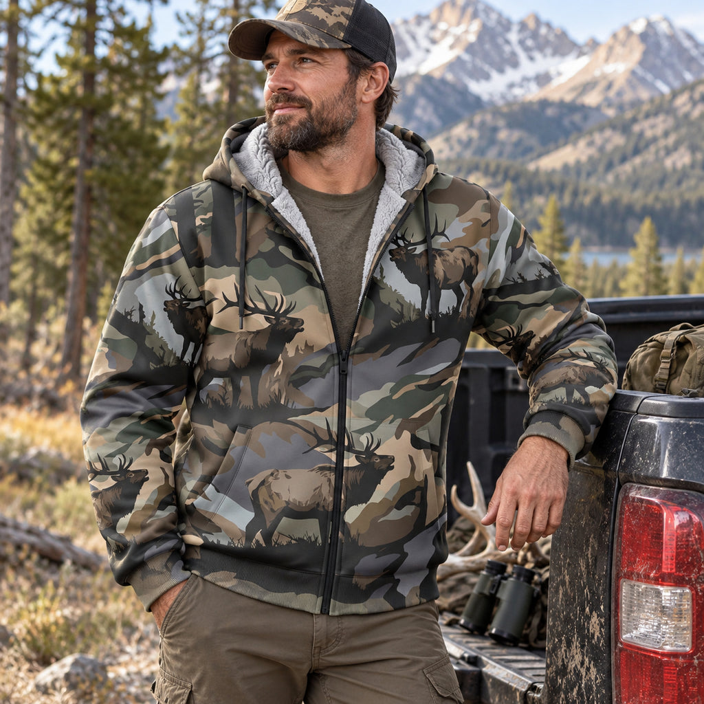 Elk Hunting Moss Ridge Herd Fleece Full-Zip Hoodie worn outdoors