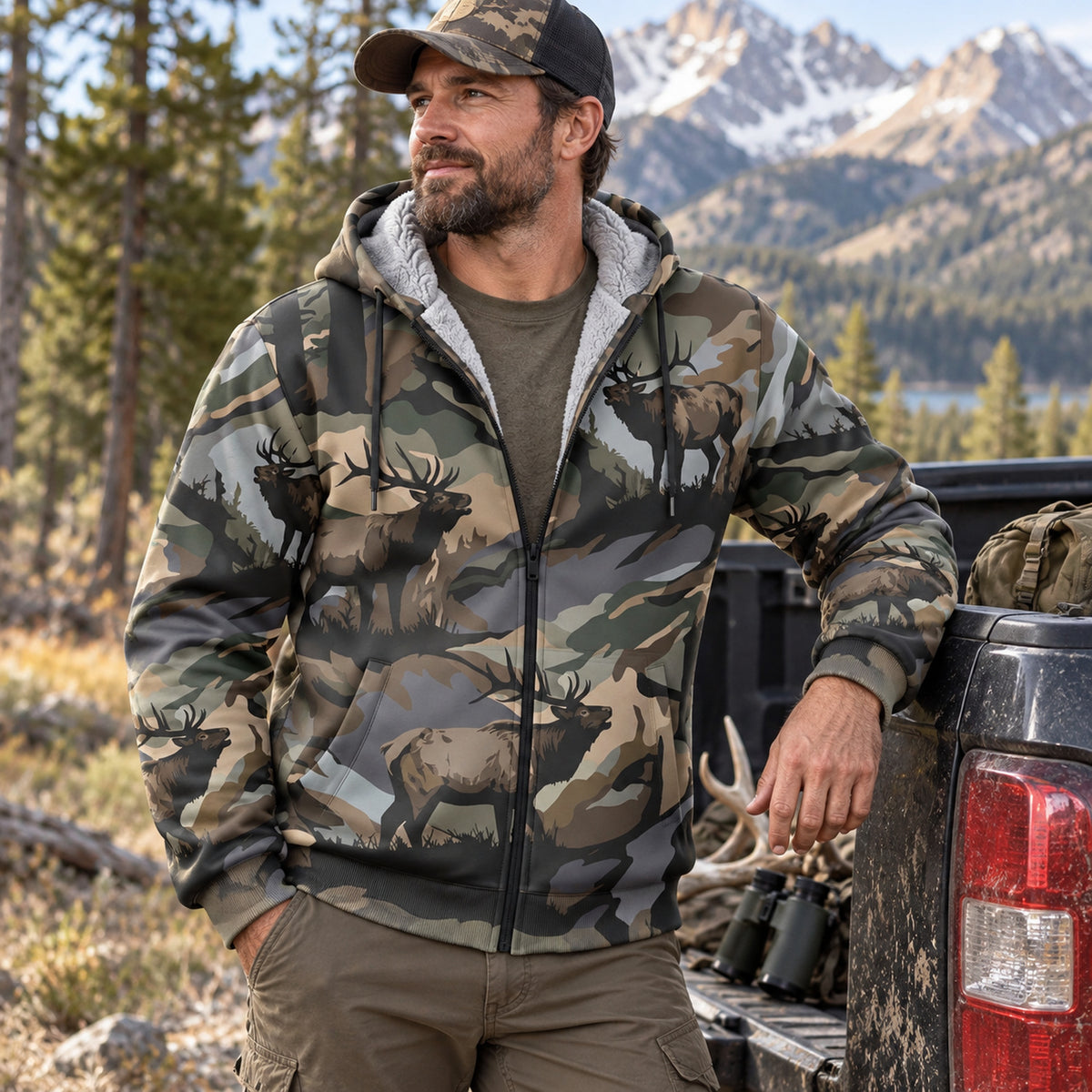 Elk Hunting Moss Ridge Herd Fleece Full-Zip Hoodie worn outdoors