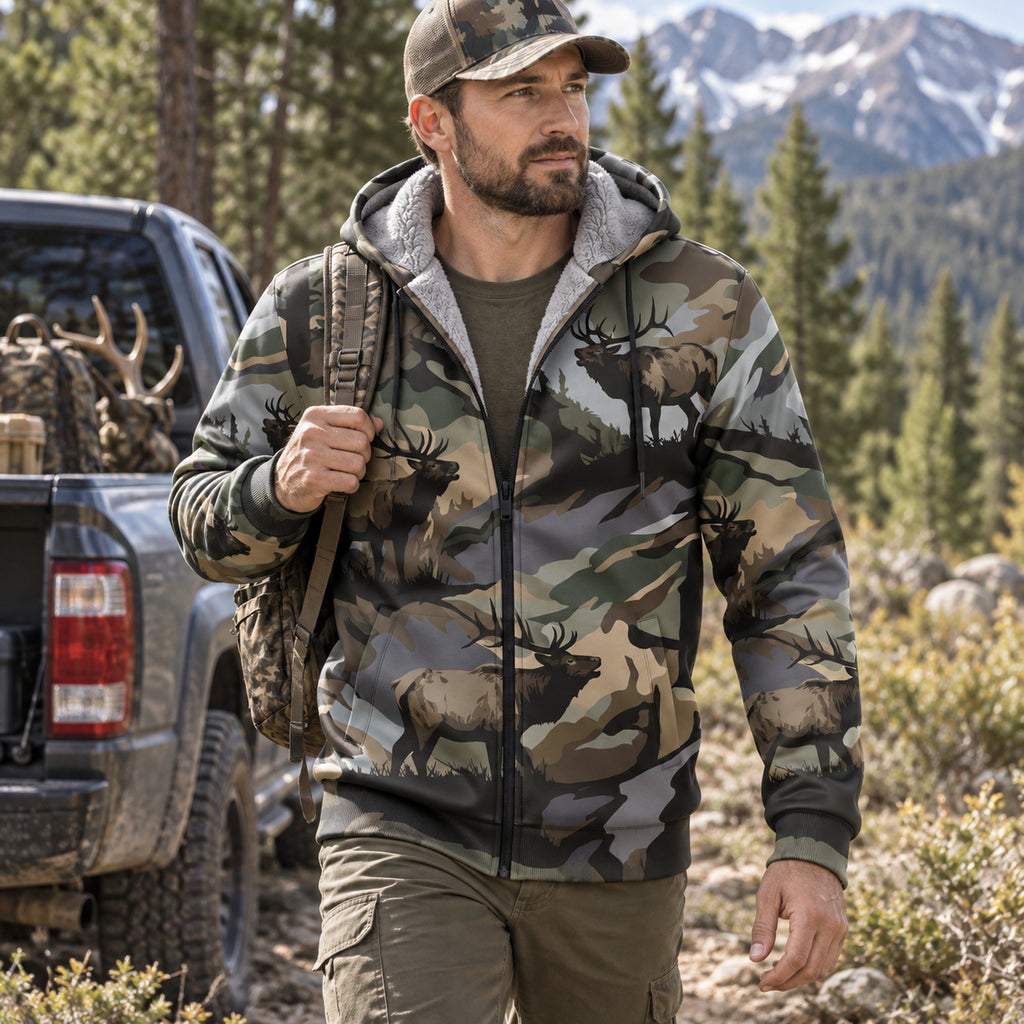 Elk Hunting Moss Ridge Herd Fleece Full-Zip Hoodie angled view