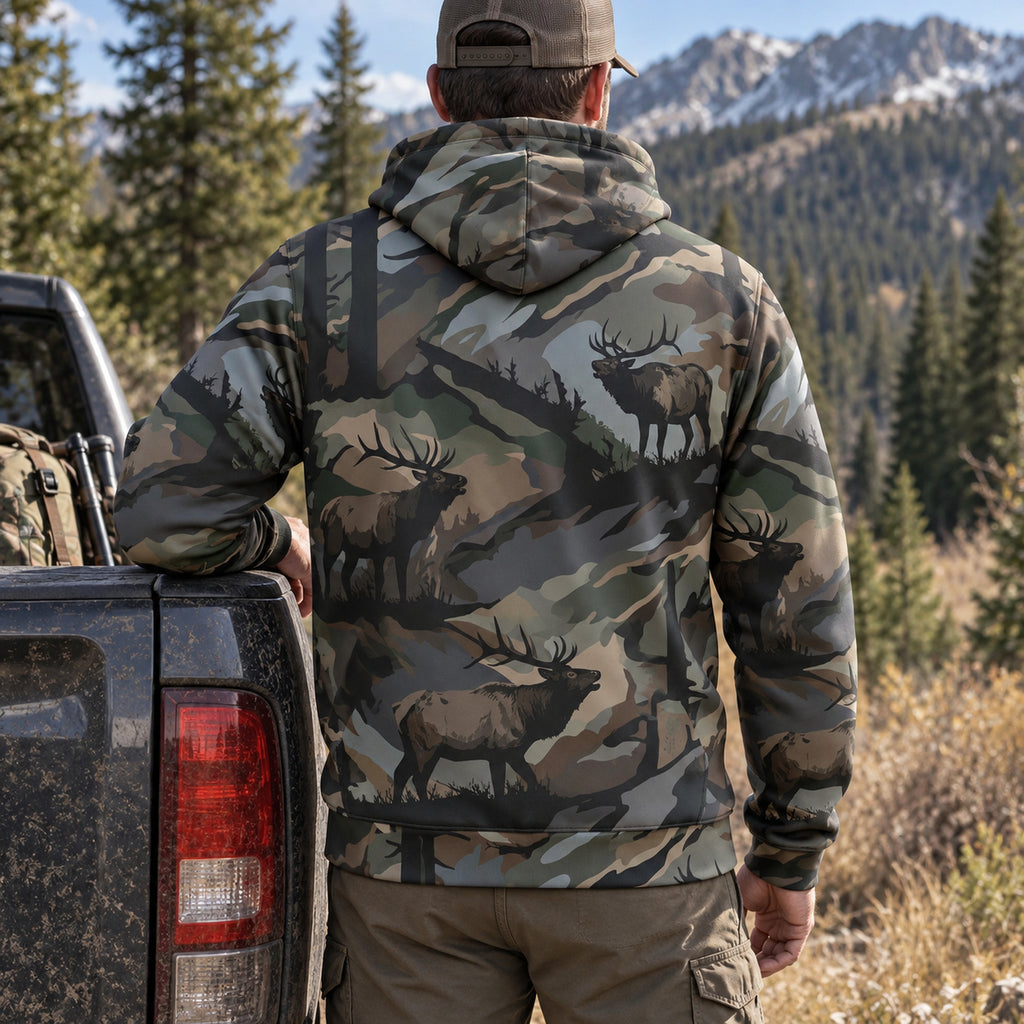 Elk Hunting Moss Ridge Herd Field Pullover Hoodie back