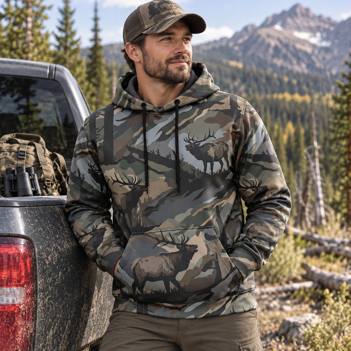 Elk Hunting Moss Ridge Herd Field Pullover Hoodie worn outdoors