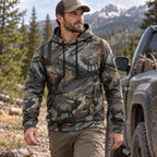 Elk Hunting Moss Ridge Herd Field Pullover Hoodie angled view