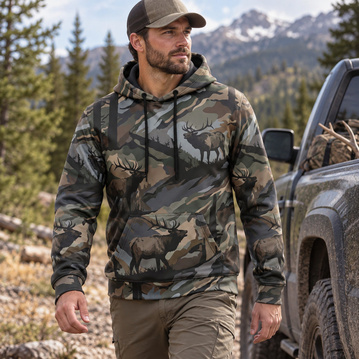 Elk Hunting Moss Ridge Herd Field Pullover Hoodie angled view