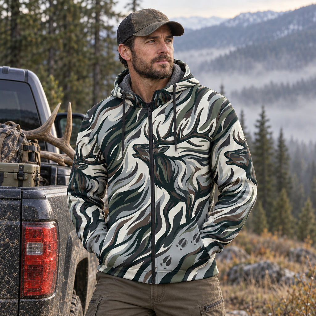 Elk Hunting Sage Flow Bull Fleece Full-Zip Hoodie worn outdoors