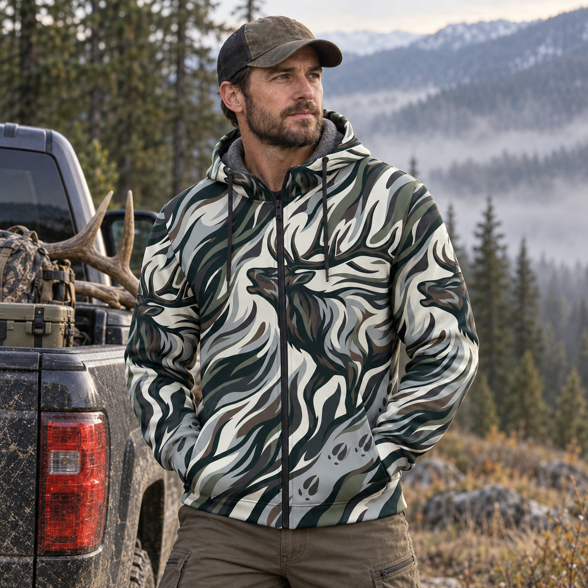 Elk Hunting Sage Flow Bull Fleece Full-Zip Hoodie worn outdoors