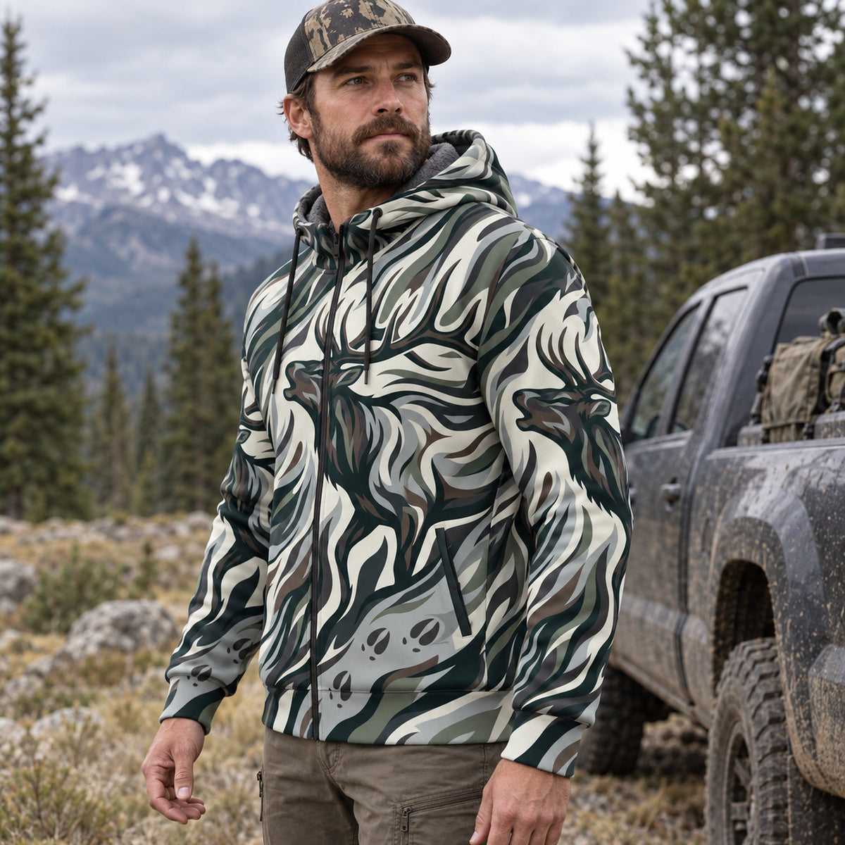 Elk Hunting Sage Flow Bull Fleece Full-Zip Hoodie angled view