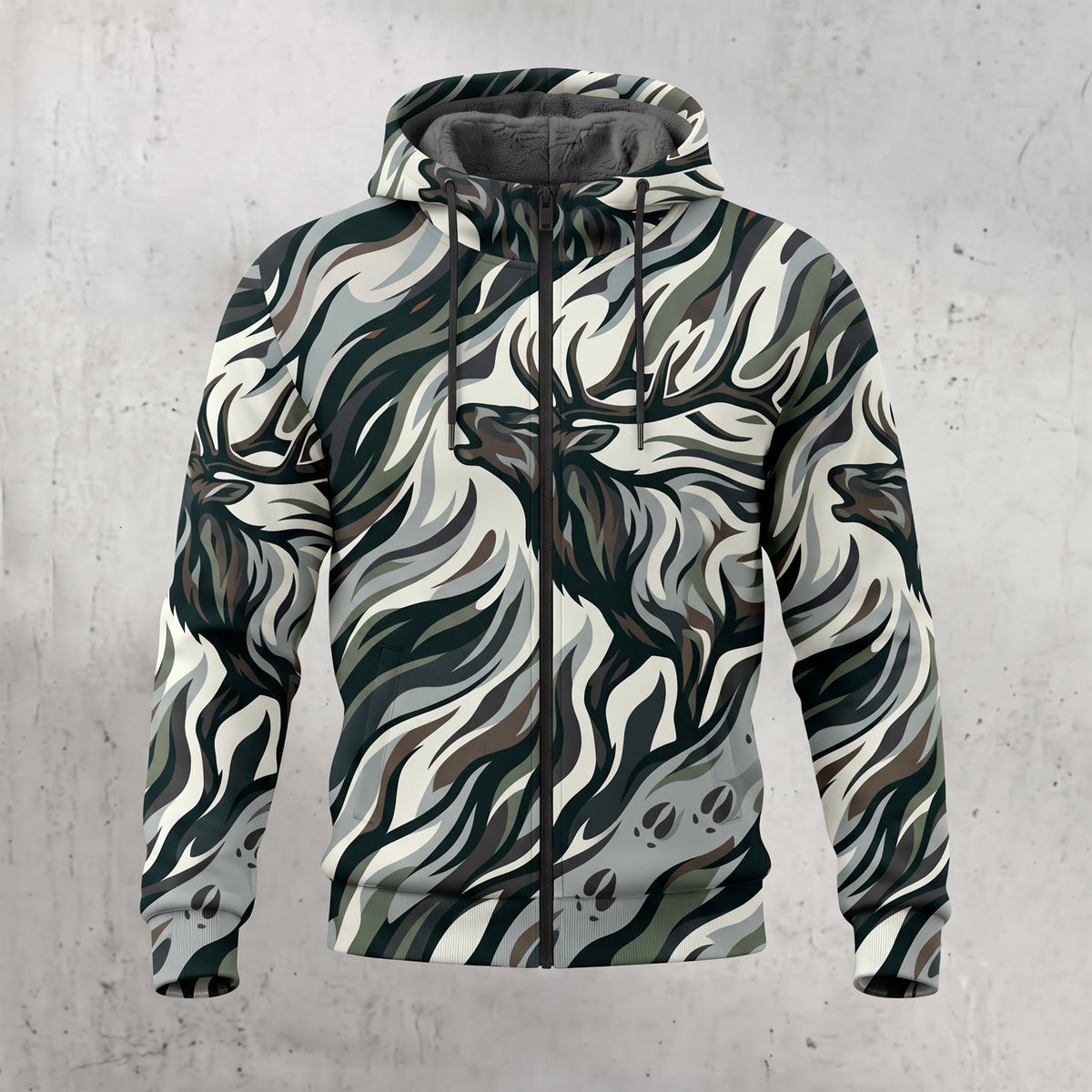 Elk Hunting Sage Flow Bull Fleece Full-Zip Hoodie front