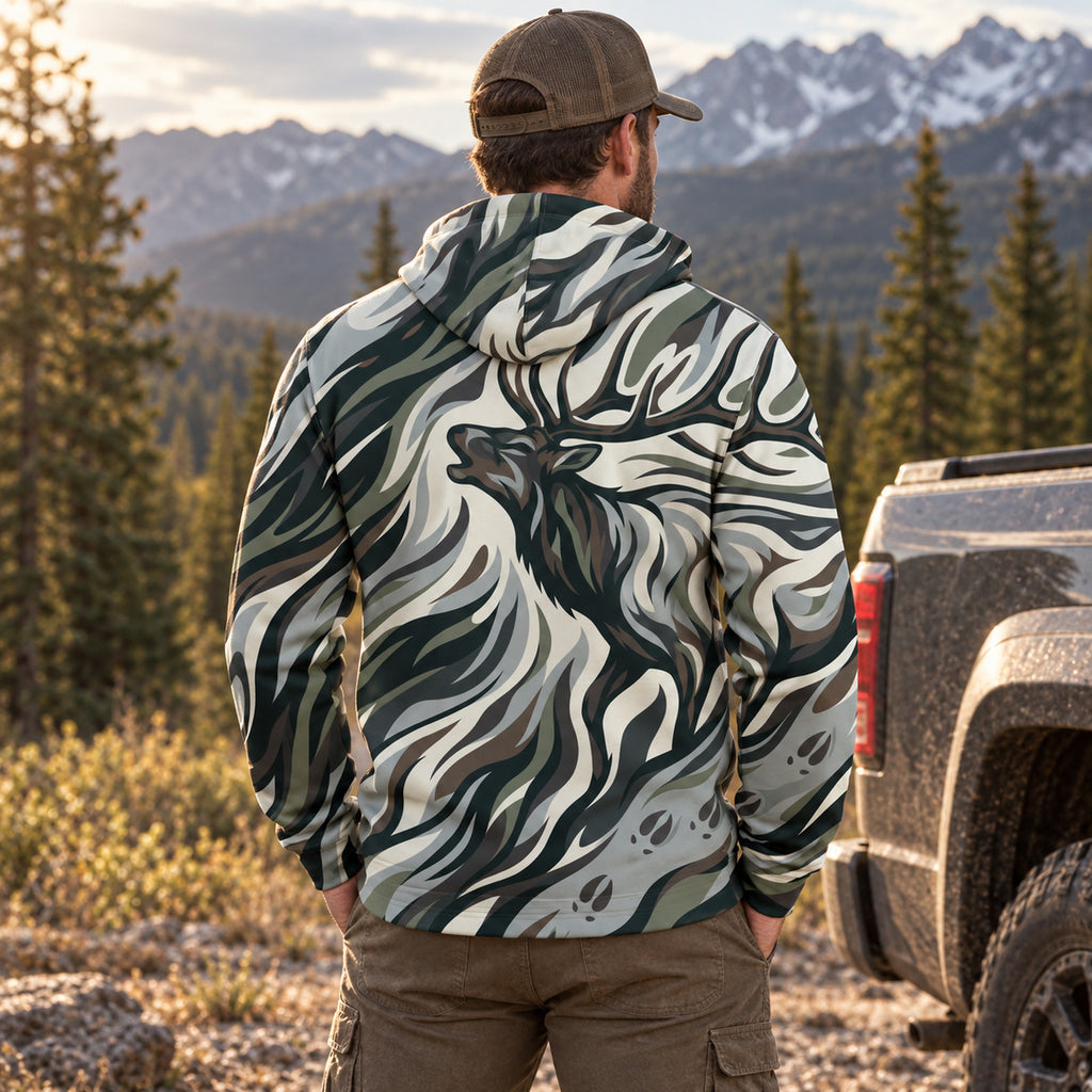 Elk Hunting Sage Flow Bull Field Pullover Hoodie back