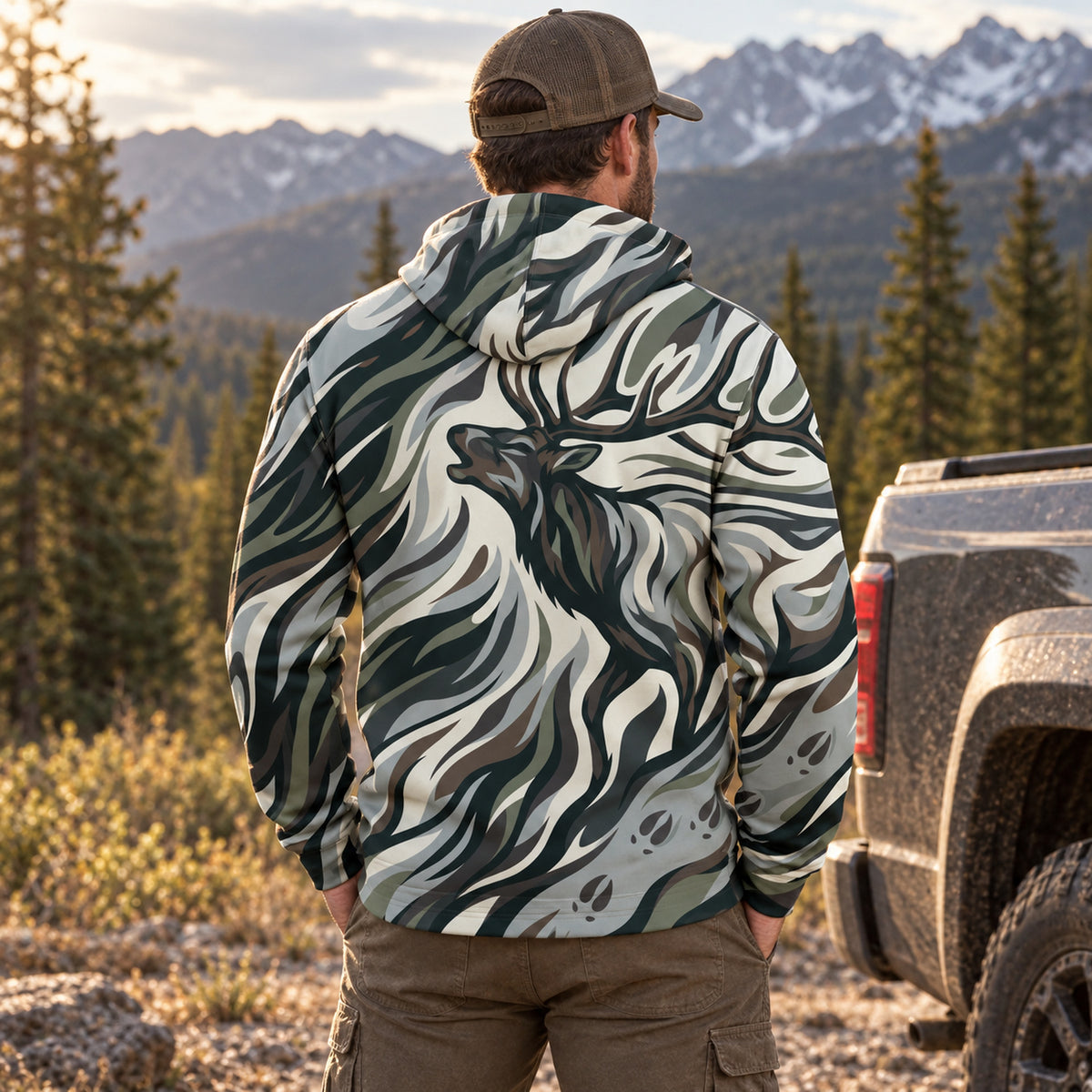 Elk Hunting Sage Flow Bull Field Pullover Hoodie back