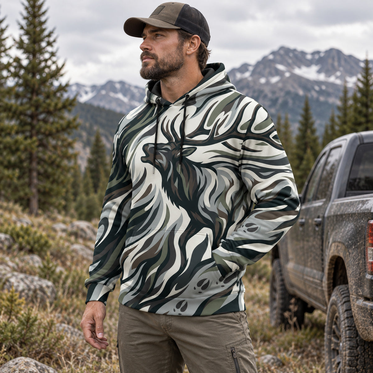 Elk Hunting Sage Flow Bull Field Pullover Hoodie angled view