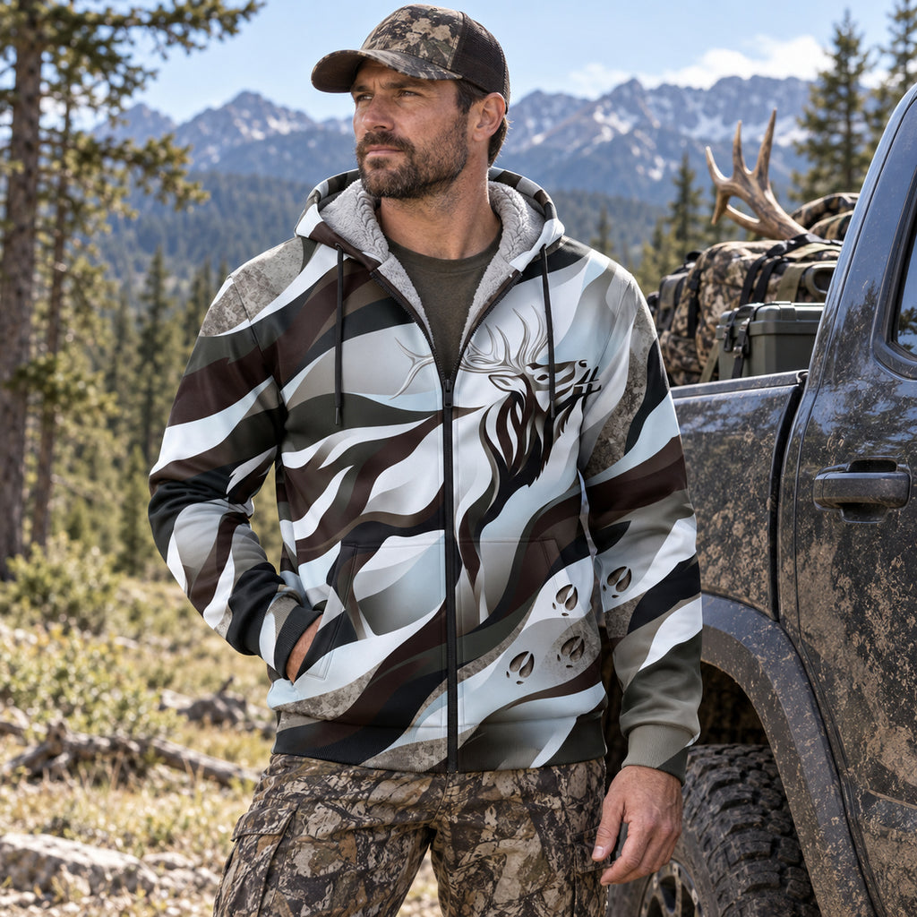 Elk Hunting Silver Drift Bull Fleece Full-Zip Hoodie worn outdoors