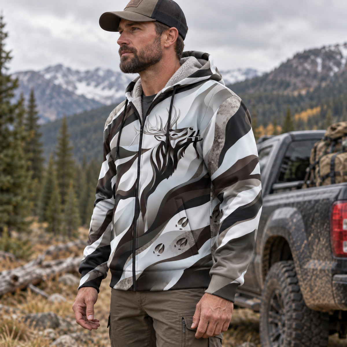 Elk Hunting Silver Drift Bull Fleece Full-Zip Hoodie angled view