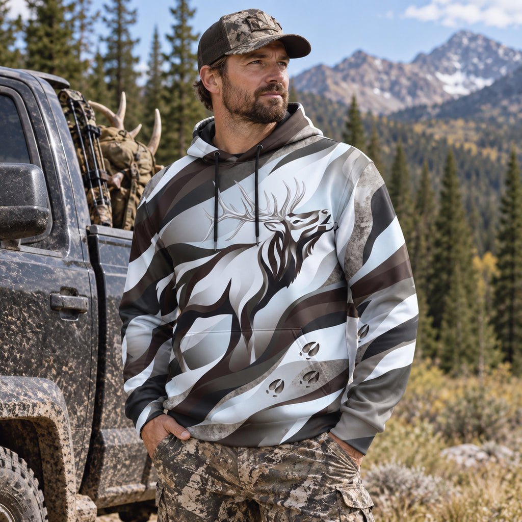 Elk Hunting Silver Drift Bull Field Pullover Hoodie worn outdoors