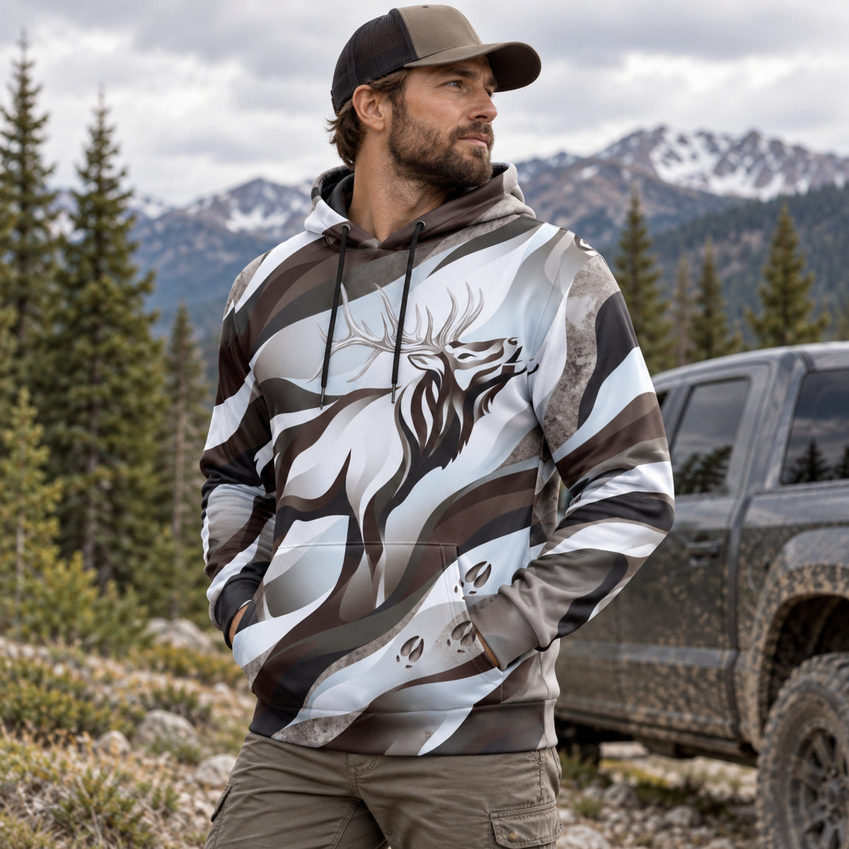 Elk Hunting Silver Drift Bull Field Pullover Hoodie angled view