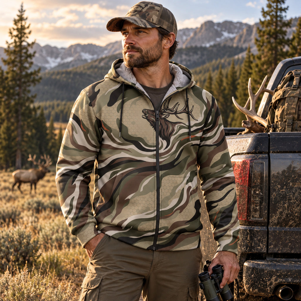 Elk Hunting Ribbon Bull Fleece Full-Zip Hoodie worn outdoors