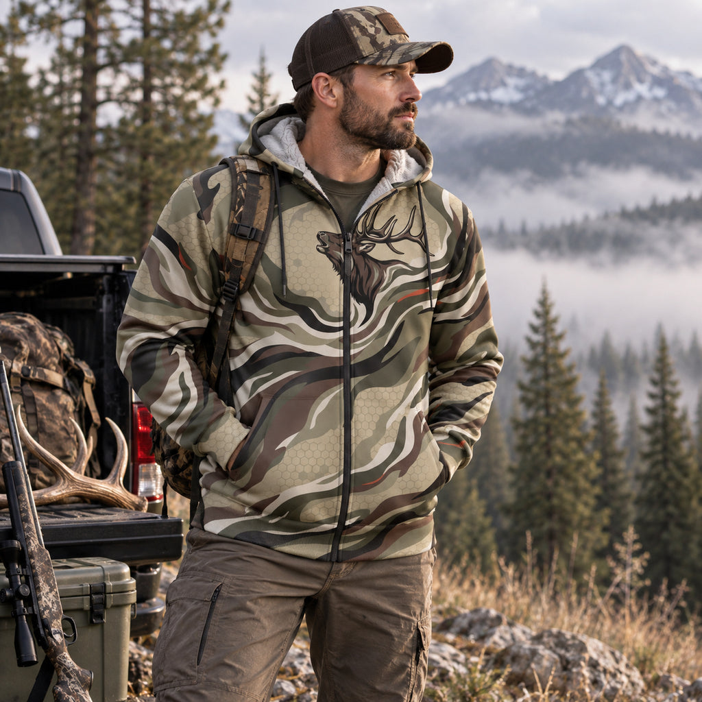 Elk Hunting Ribbon Bull Fleece Full-Zip Hoodie angled view