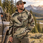 Elk Hunting Ribbon Bull Field Pullover Hoodie worn outdoors