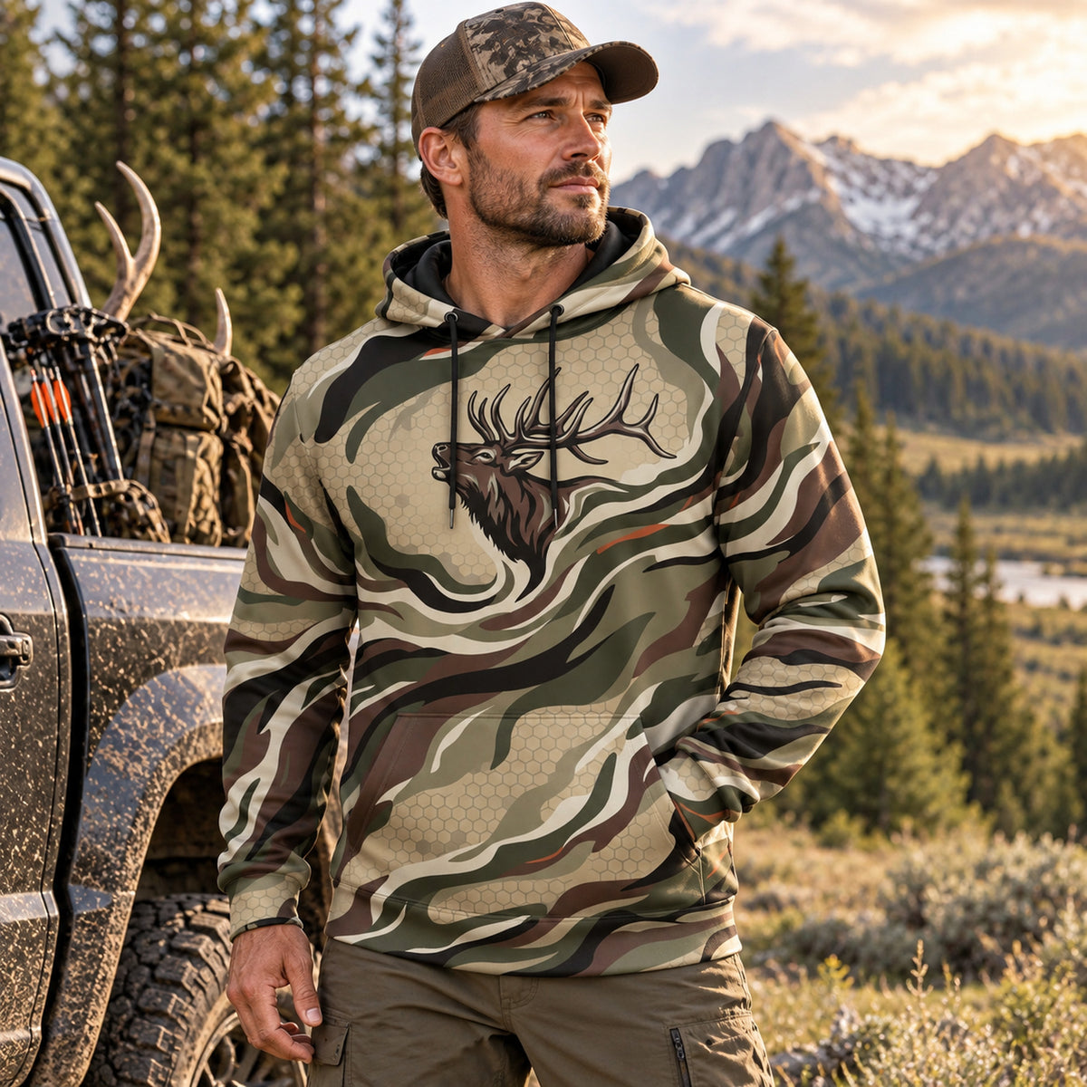 Elk Hunting Ribbon Bull Field Pullover Hoodie worn outdoors