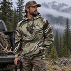 Elk Hunting Ribbon Bull Field Pullover Hoodie angled view