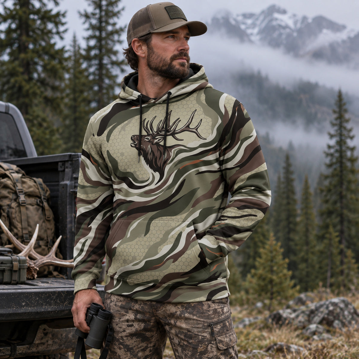 Elk Hunting Ribbon Bull Field Pullover Hoodie angled view
