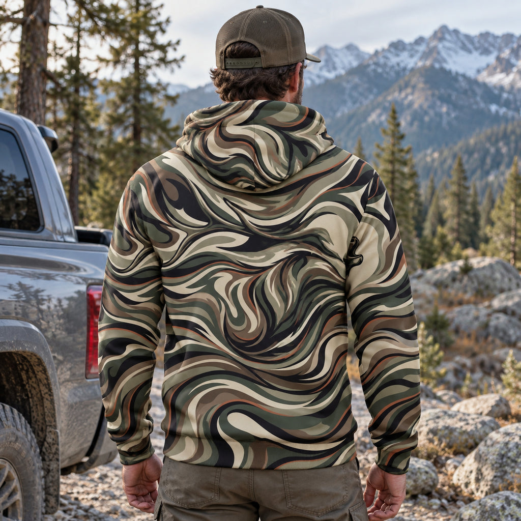 Elk Hunting Liquid Camo Bugle Fleece Full-Zip Hoodie back