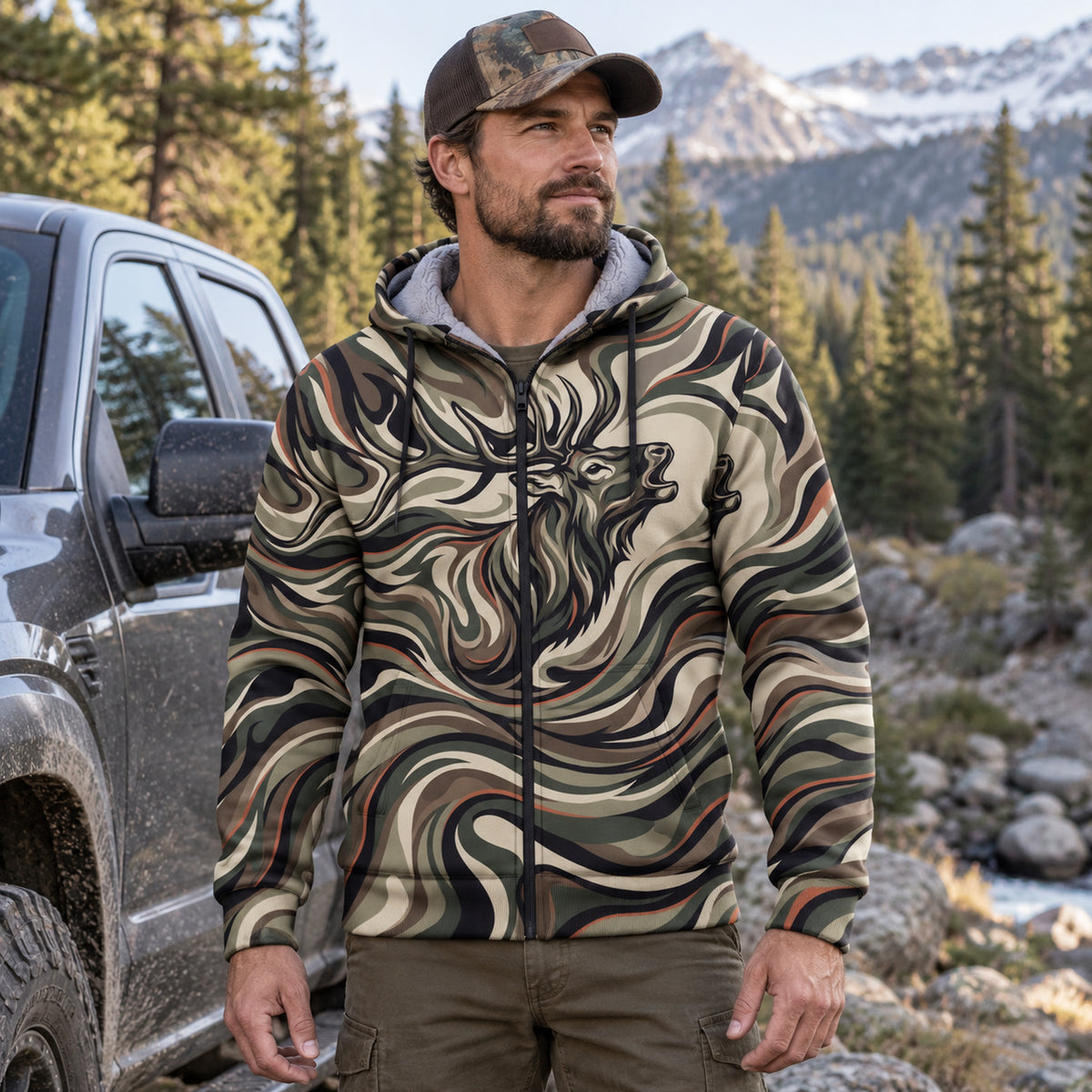 Elk Hunting Liquid Camo Bugle Fleece Full-Zip Hoodie worn outdoors