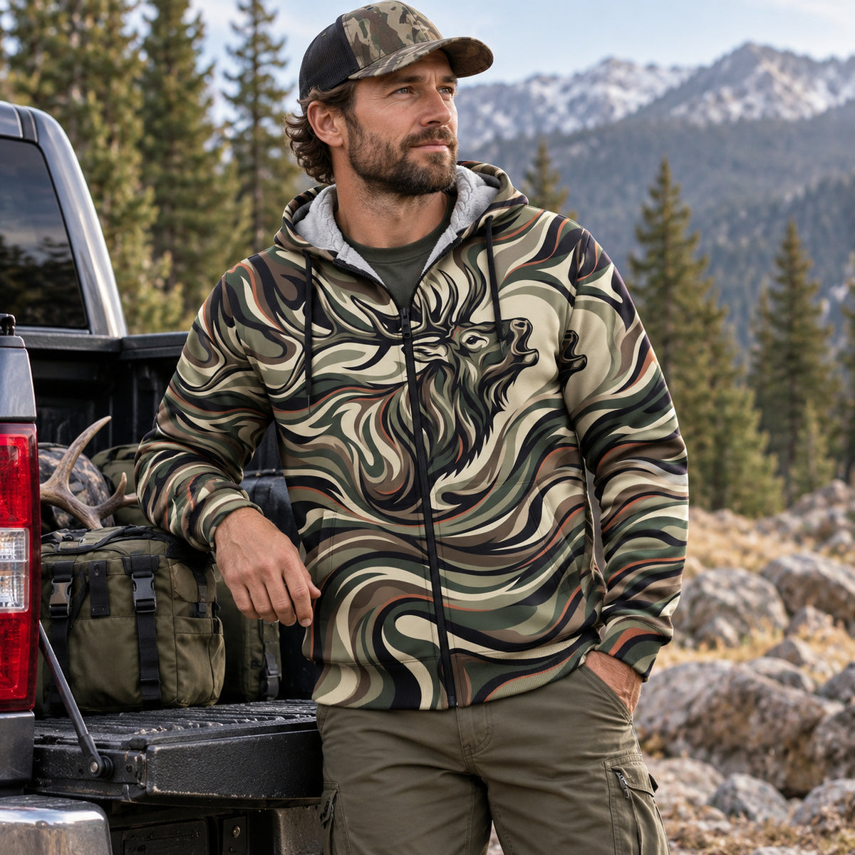 Elk Hunting Liquid Camo Bugle Fleece Full-Zip Hoodie angled view
