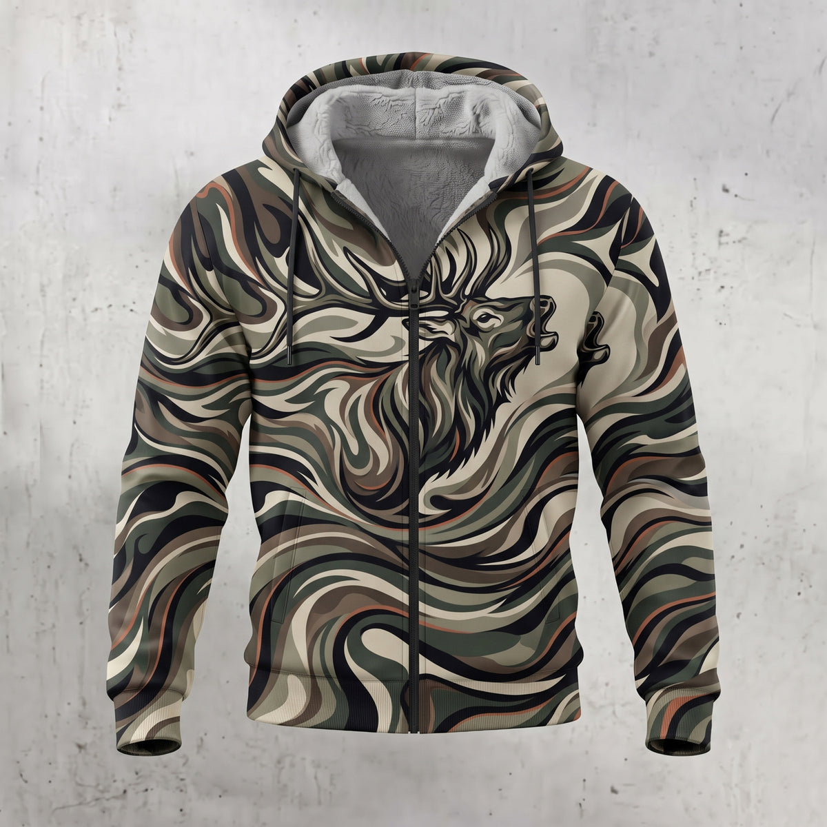 Elk Hunting Liquid Camo Bugle Fleece Full-Zip Hoodie front