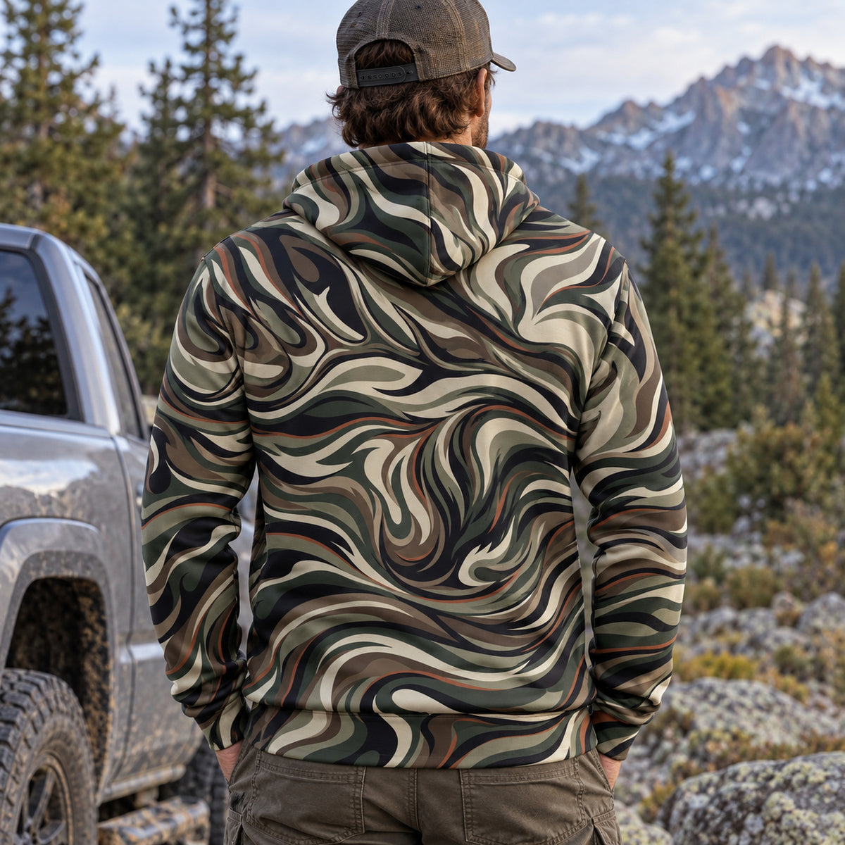 Elk Hunting Liquid Camo Bugle Field Pullover Hoodie back
