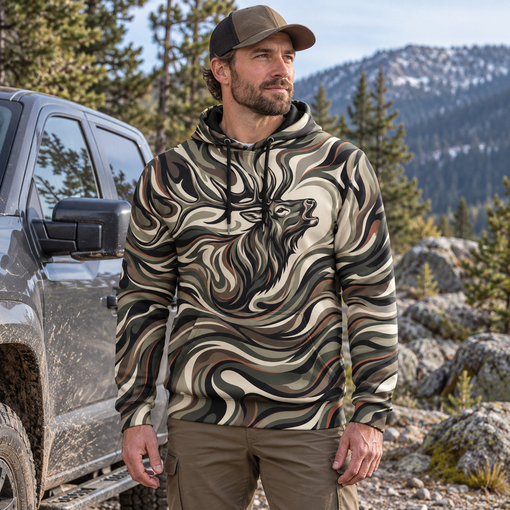 Elk Hunting Liquid Camo Bugle Field Pullover Hoodie worn outdoors
