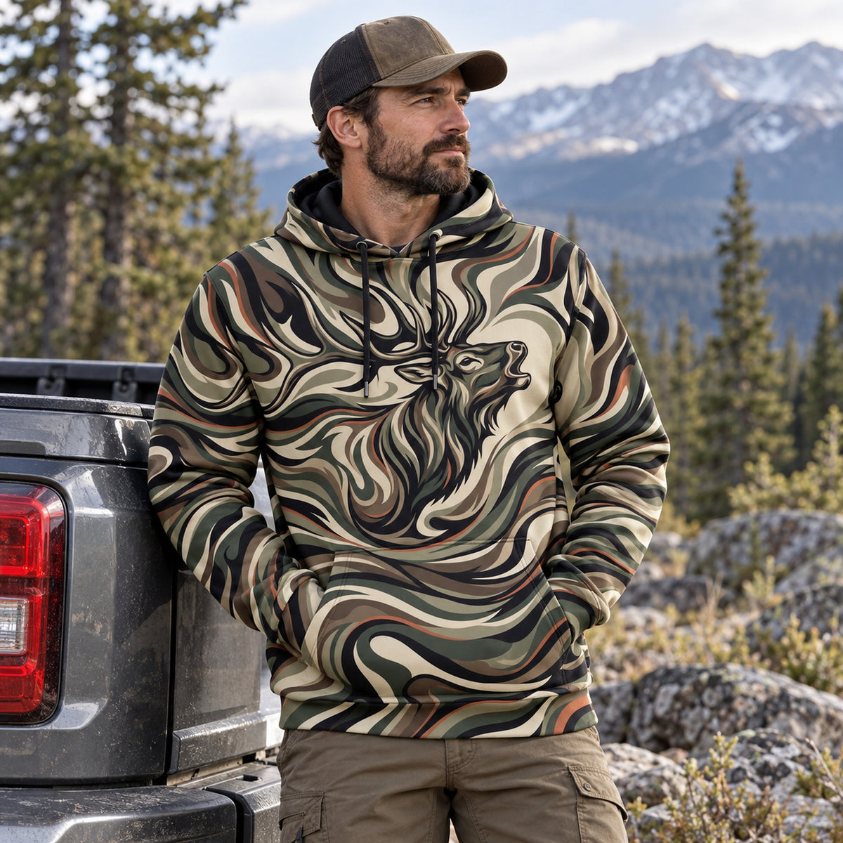 Elk Hunting Liquid Camo Bugle Field Pullover Hoodie angled view