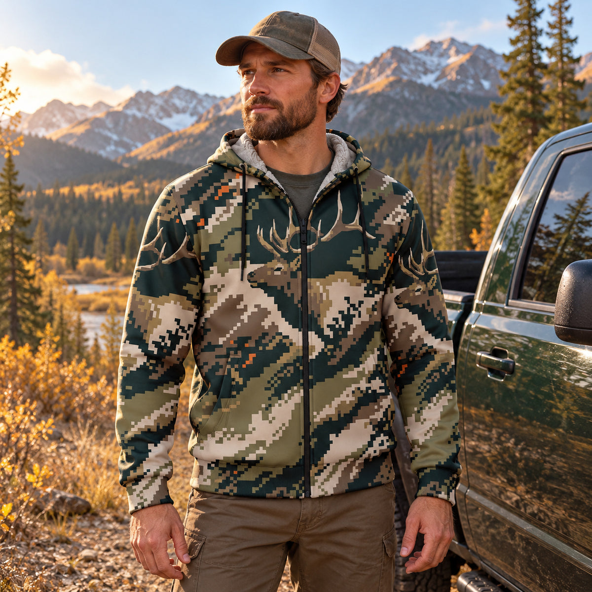 Elk Hunting Pixel Timber Bull Fleece Full-Zip Hoodie worn outdoors