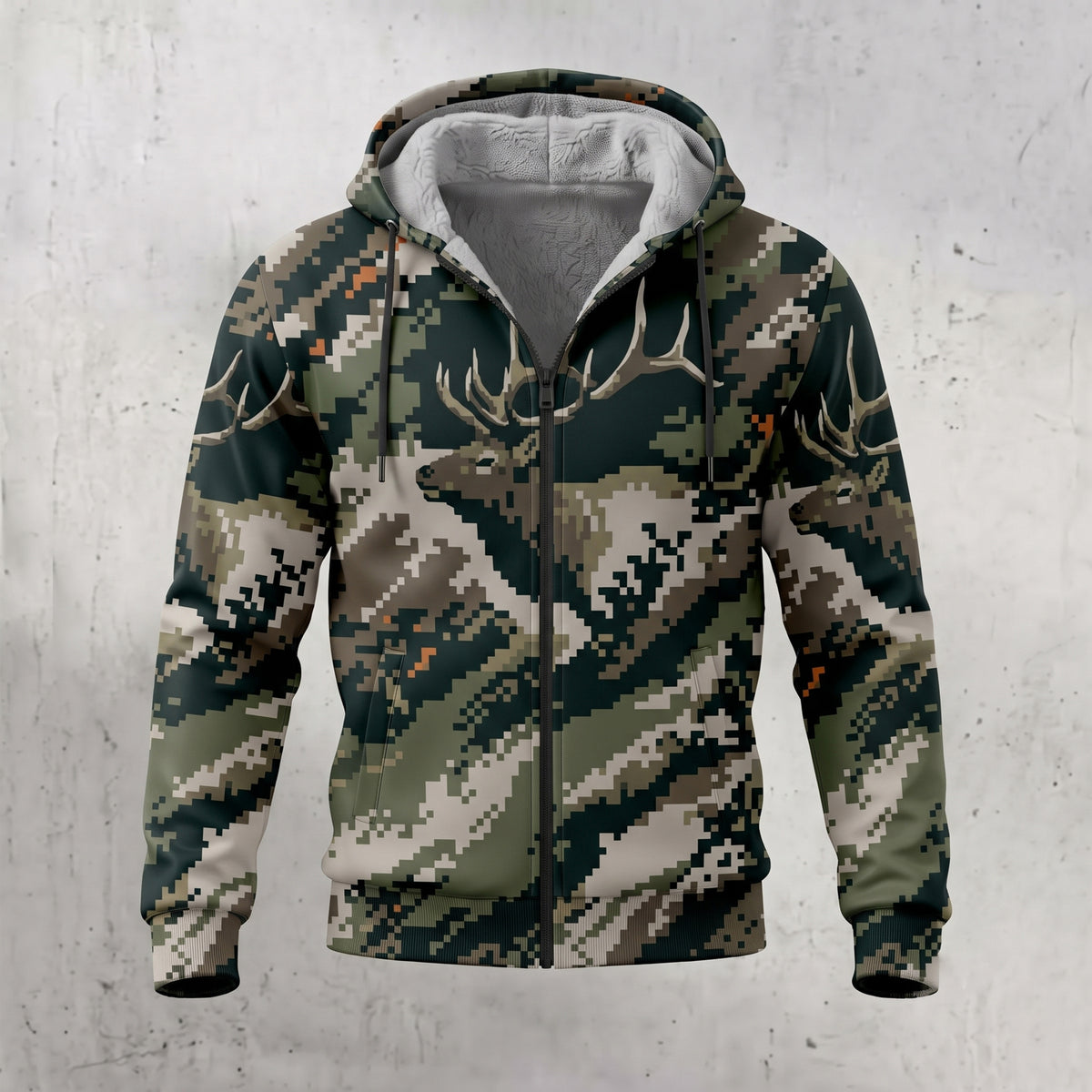 Elk Hunting Pixel Timber Bull Fleece Full-Zip Hoodie front