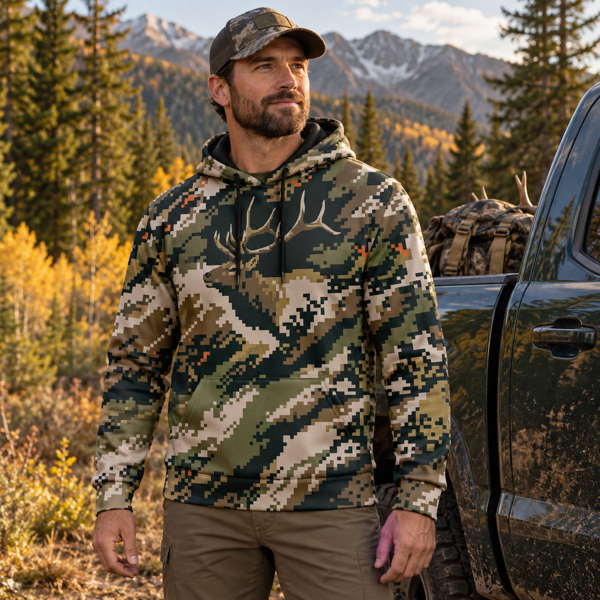 Elk Hunting Pixel Timber Bull Field Pullover Hoodie worn outdoors