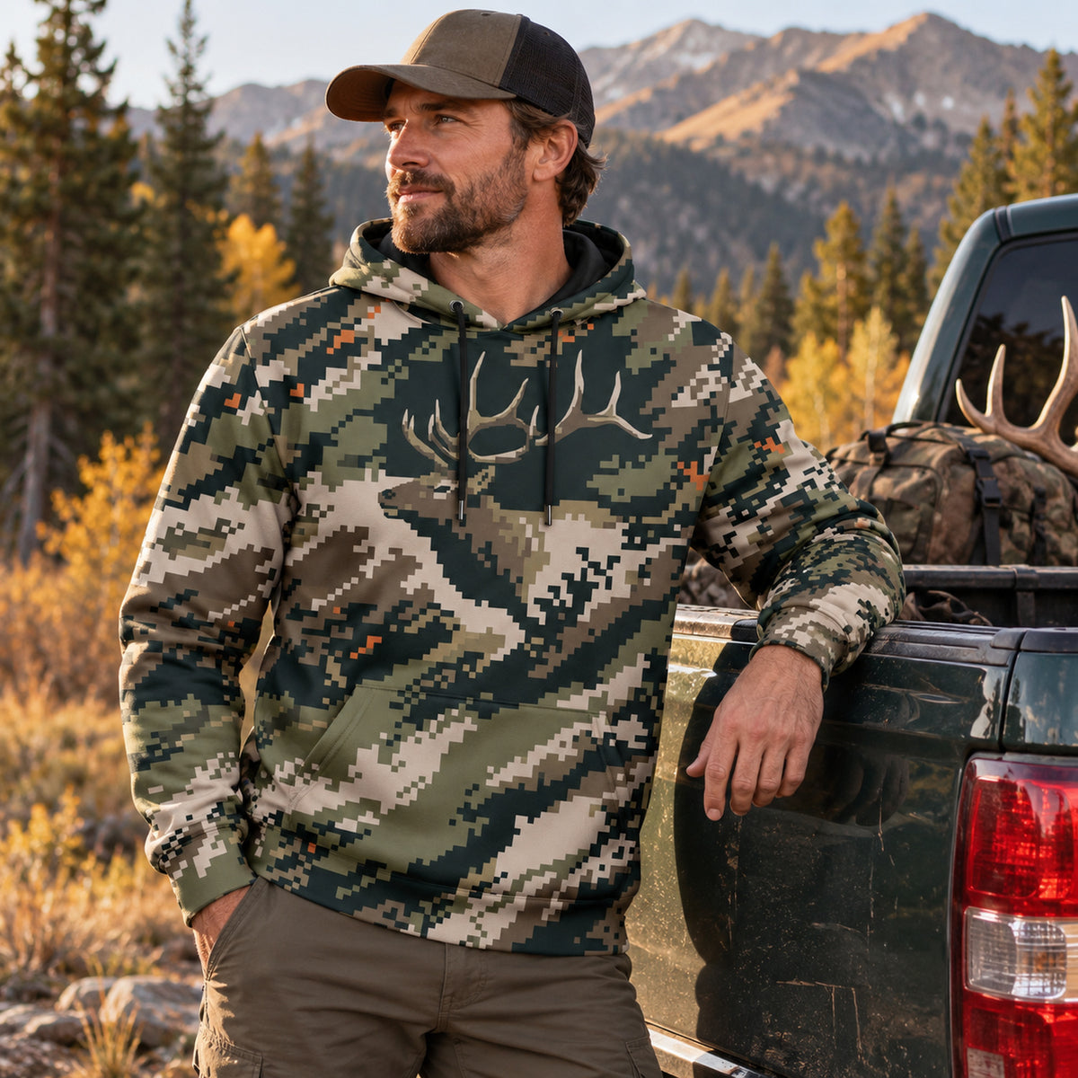 Elk Hunting Pixel Timber Bull Field Pullover Hoodie angled view
