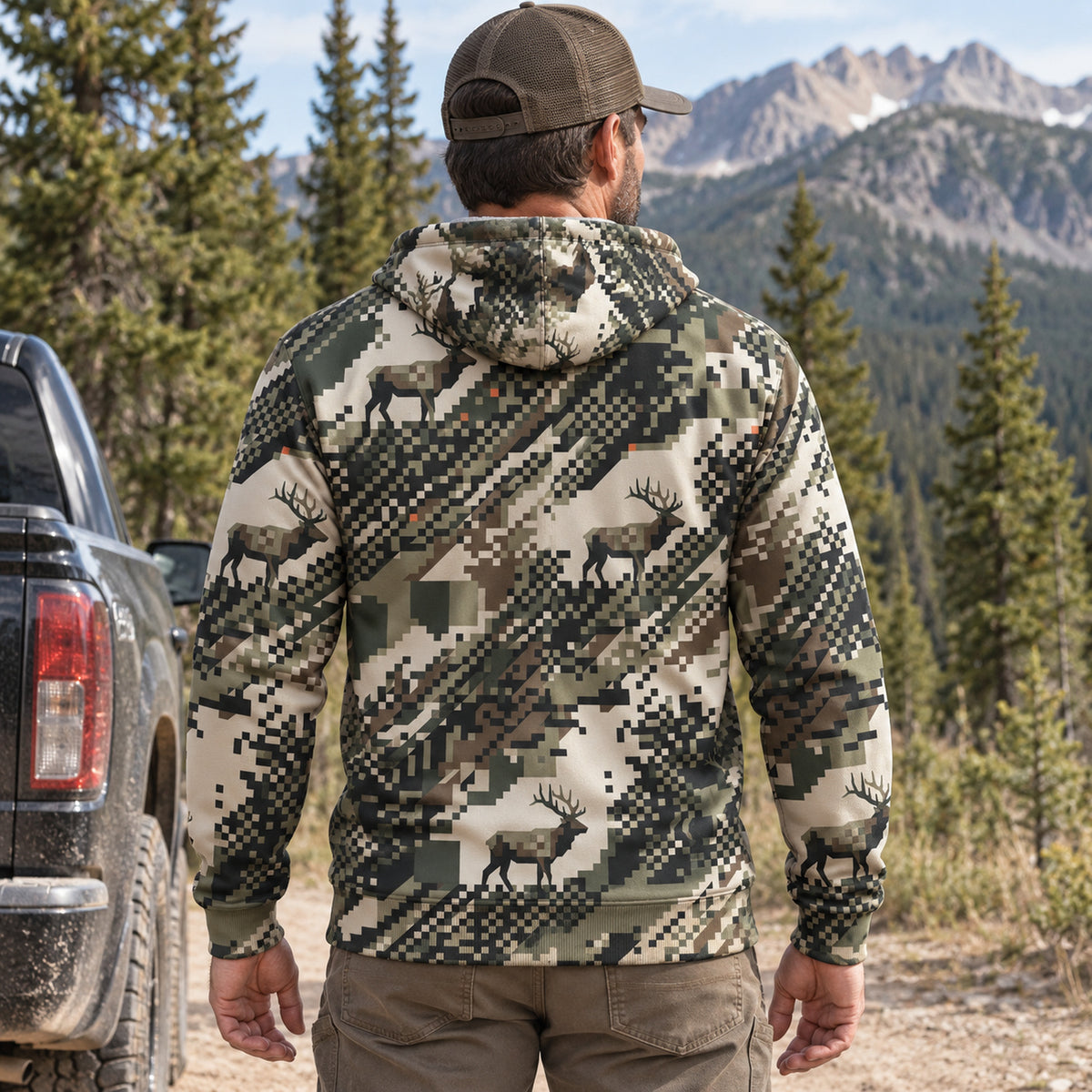 Elk Hunting Digital Drift Herd Fleece Full-Zip Hoodie back