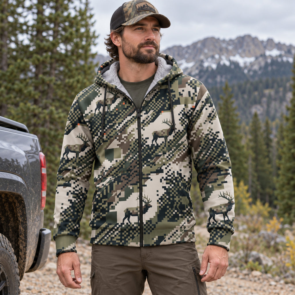 Elk Hunting Digital Drift Herd Fleece Full-Zip Hoodie worn outdoors