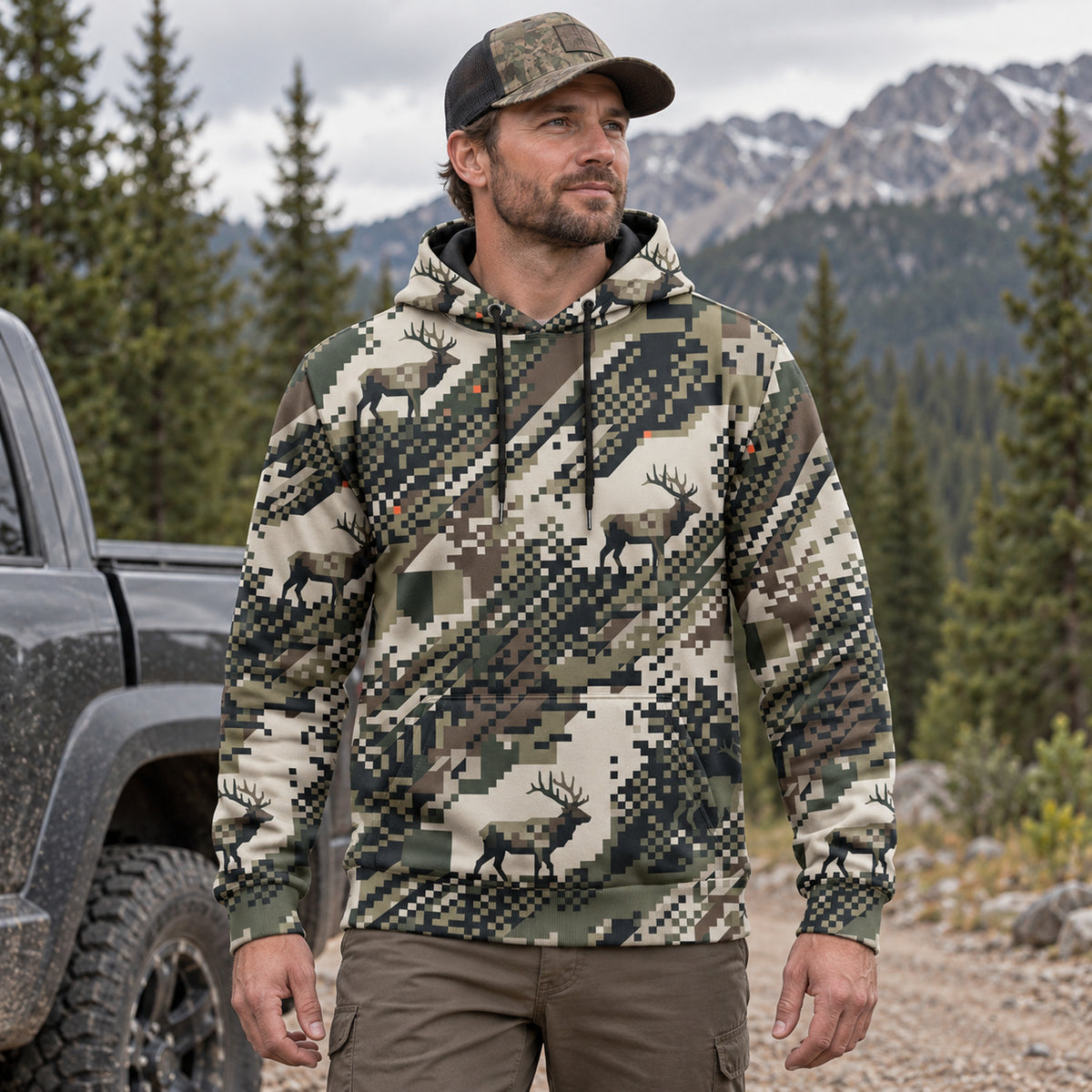 Elk Hunting Digital Drift Herd Field Pullover Hoodie worn outdoors