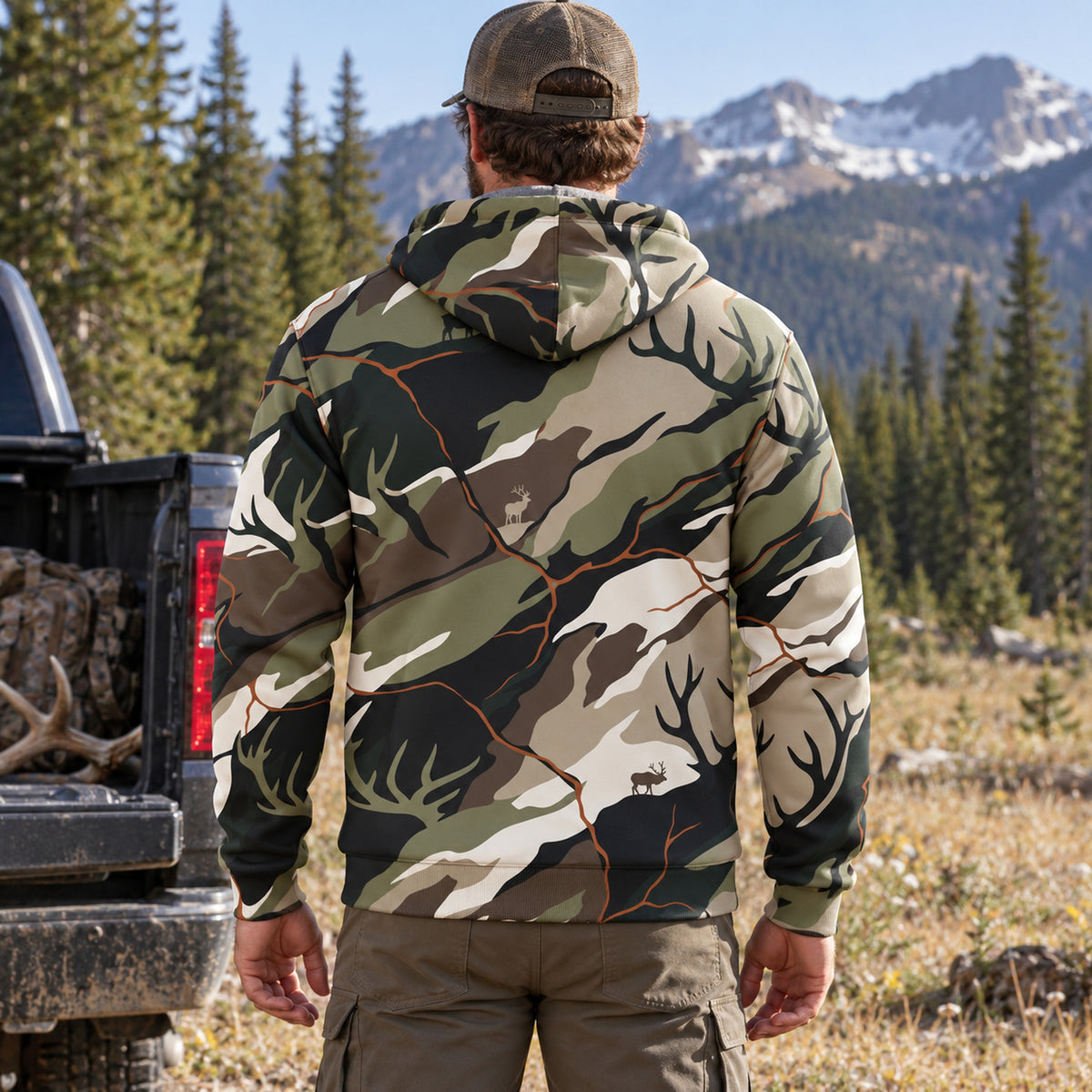 Elk Hunting Antler Thicket Fleece Full-Zip Hoodie back
