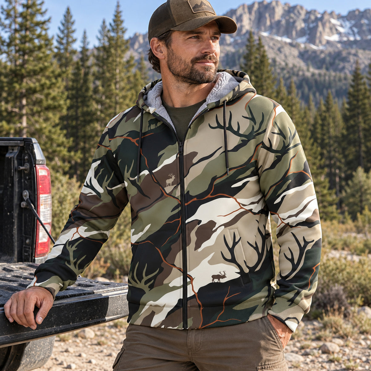 Elk Hunting Antler Thicket Fleece Full-Zip Hoodie angled view
