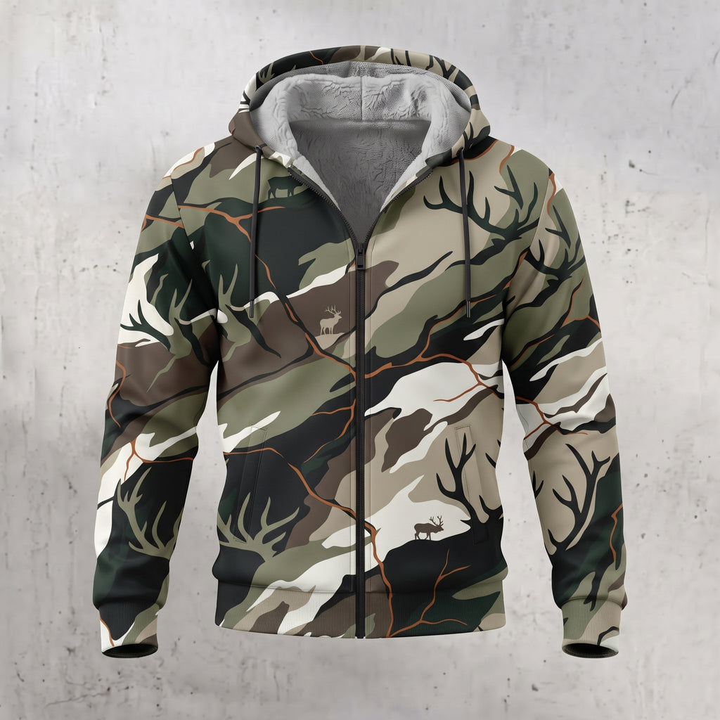 Elk Hunting Antler Thicket Fleece Full-Zip Hoodie front