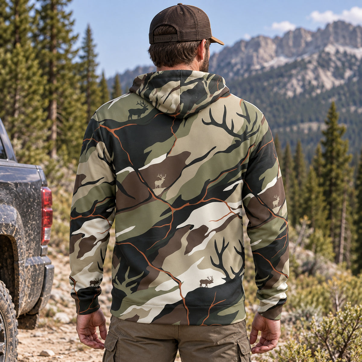 Elk Hunting Antler Thicket Field Pullover Hoodie back