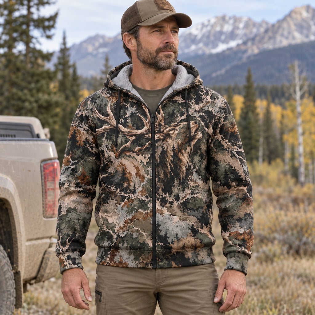 Elk Hunting Hidden Bull Fleece Full-Zip Hoodie worn outdoors