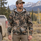 Elk Hunting Hidden Bull Fleece Full-Zip Hoodie worn outdoors