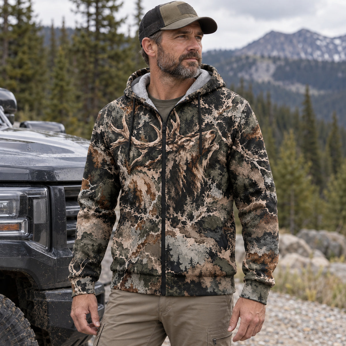 Elk Hunting Hidden Bull Fleece Full-Zip Hoodie angled view