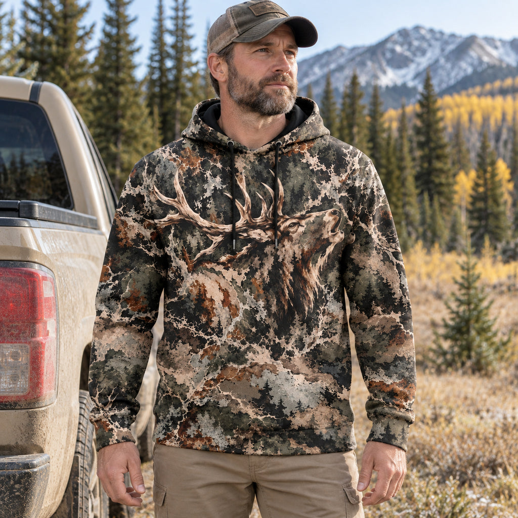 Elk Hunting Hidden Bull Field Pullover Hoodie worn outdoors