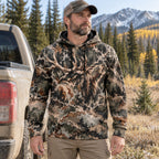 Elk Hunting Hidden Bull Field Pullover Hoodie worn outdoors