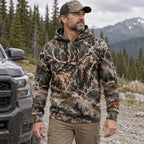 Elk Hunting Hidden Bull Field Pullover Hoodie angled view