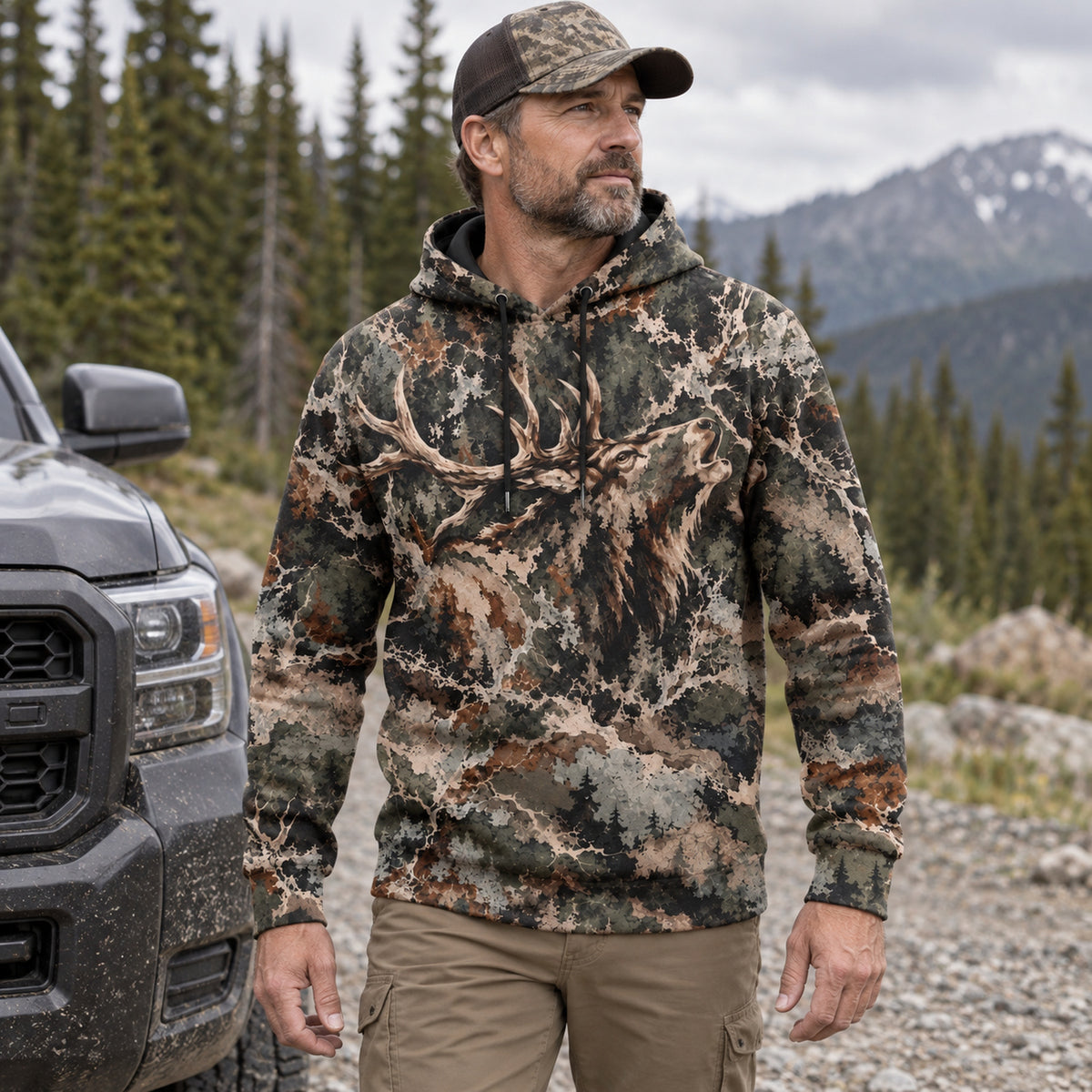 Elk Hunting Hidden Bull Field Pullover Hoodie angled view