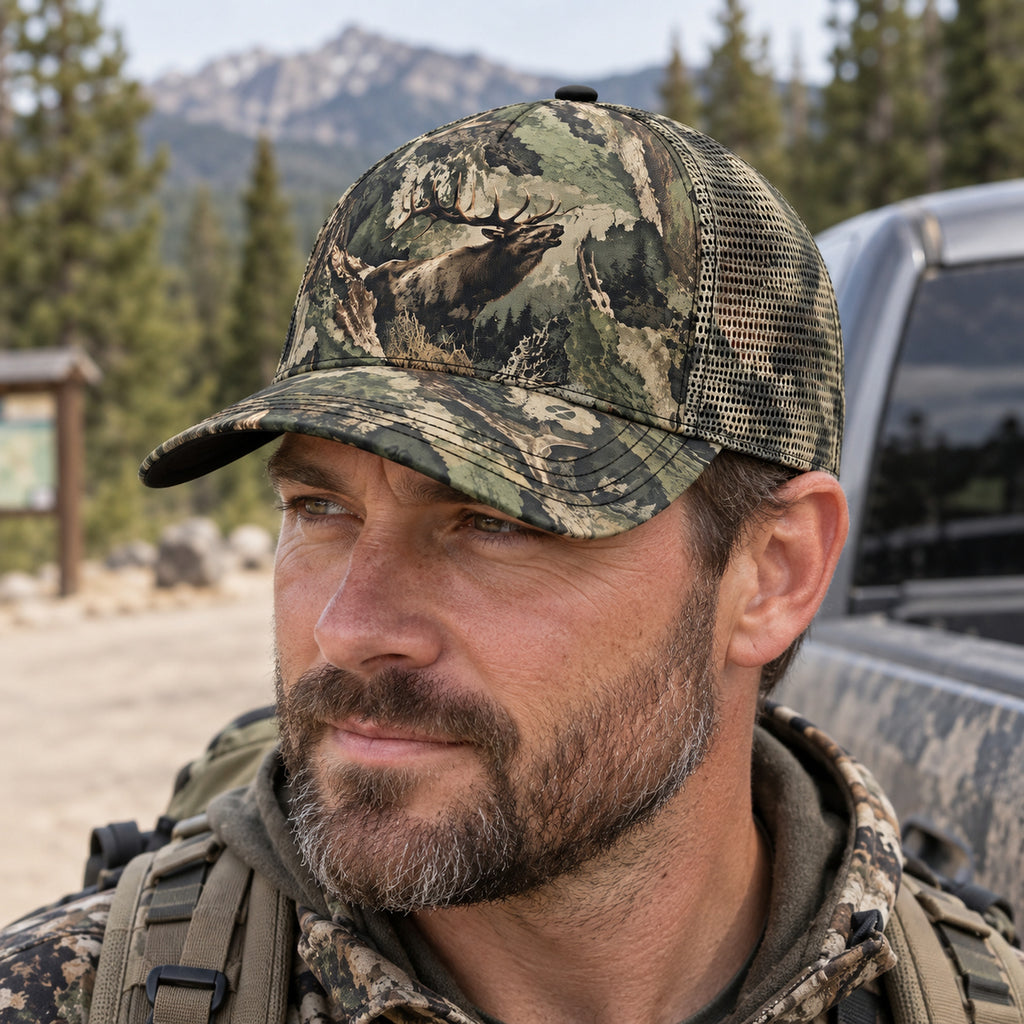 Deep Timber Bull Mesh Cap 2.0 worn outdoors